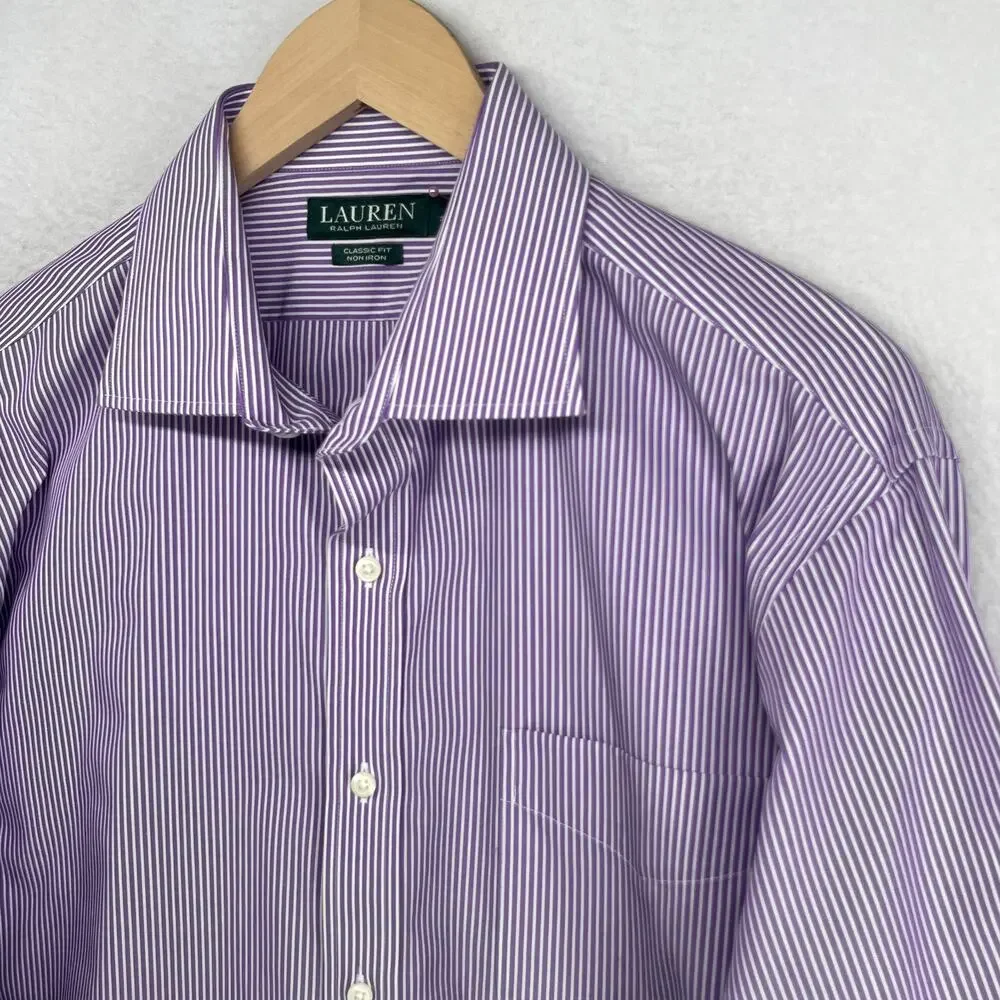 LAUREN RALPH LAUREN Shirt 17 34 35 Classic Fit Non Iron Striped Poplin Purple